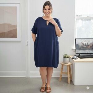 Ellos Womens Dress 14‎ Navy Blue Linen Blend Shirttail Hem Lagenlook Minimalist